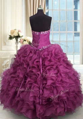 Organza Sweetheart Sleeveless Lace Up Beading and Ruffles 15 Quinceanera Dress in Rose Pink