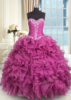 Organza Sweetheart Sleeveless Lace Up Beading and Ruffles 15 Quinceanera Dress in Rose Pink