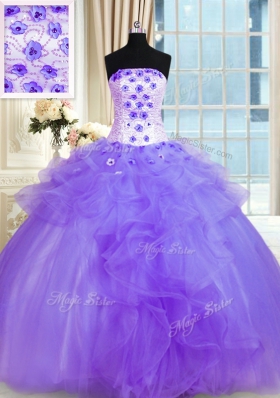 Popular Lavender Ball Gowns Strapless Sleeveless Tulle Floor Length Lace Up Pick Ups and Hand Made Flower Quince Ball Gowns