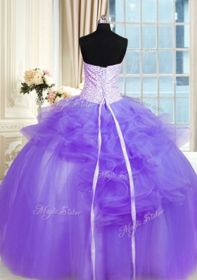 Popular Lavender Ball Gowns Strapless Sleeveless Tulle Floor Length Lace Up Pick Ups and Hand Made Flower Quince Ball Gowns