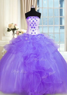 Popular Lavender Ball Gowns Strapless Sleeveless Tulle Floor Length Lace Up Pick Ups and Hand Made Flower Quince Ball Gowns