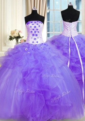 Popular Lavender Ball Gowns Strapless Sleeveless Tulle Floor Length Lace Up Pick Ups and Hand Made Flower Quince Ball Gowns