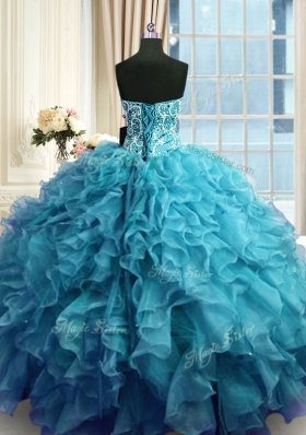 Sexy Organza Sweetheart Sleeveless Lace Up Beading and Ruffles Quinceanera Gown in Teal