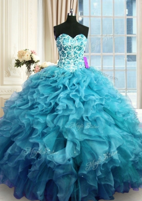 Sexy Organza Sweetheart Sleeveless Lace Up Beading and Ruffles Quinceanera Gown in Teal