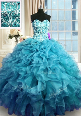 Sexy Organza Sweetheart Sleeveless Lace Up Beading and Ruffles Quinceanera Gown in Teal