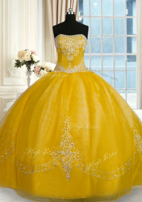 Sleeveless Beading and Embroidery Lace Up Quince Ball Gowns