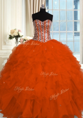 Sleeveless Floor Length Beading and Ruffles Lace Up Quinceanera Dress with Red