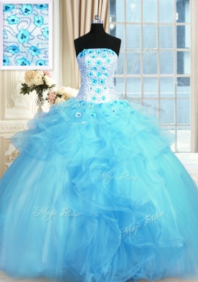 Sophisticated Floor Length Baby Blue Sweet 16 Dress Tulle Sleeveless Pick Ups and Hand Made Flower