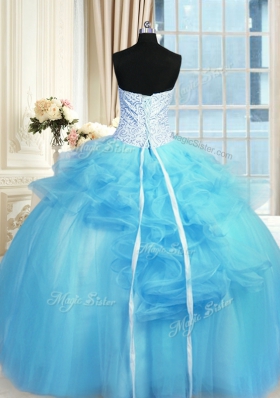 Sophisticated Floor Length Baby Blue Sweet 16 Dress Tulle Sleeveless Pick Ups and Hand Made Flower