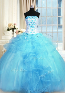 Sophisticated Floor Length Baby Blue Sweet 16 Dress Tulle Sleeveless Pick Ups and Hand Made Flower