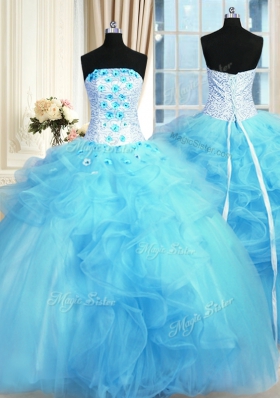Sophisticated Floor Length Baby Blue Sweet 16 Dress Tulle Sleeveless Pick Ups and Hand Made Flower