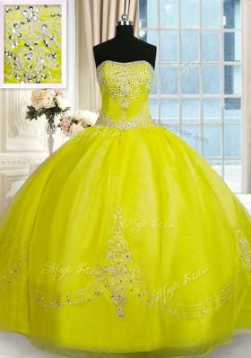 Strapless Sleeveless Quinceanera Dresses Floor Length Beading and Embroidery Yellow Green Organza