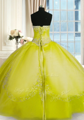 Strapless Sleeveless Quinceanera Dresses Floor Length Beading and Embroidery Yellow Green Organza