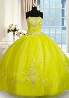 Strapless Sleeveless Quinceanera Dresses Floor Length Beading and Embroidery Yellow Green Organza