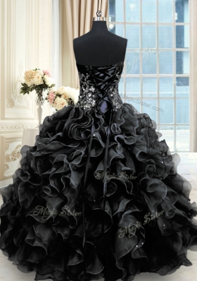 Stunning Black Lace Up Sweetheart Beading and Ruffles Ball Gown Prom Dress Organza Sleeveless