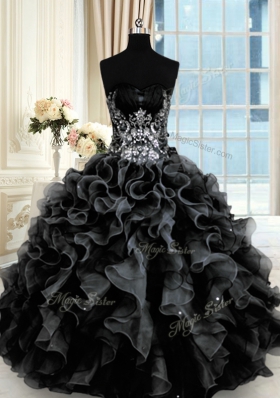 Stunning Black Lace Up Sweetheart Beading and Ruffles Ball Gown Prom Dress Organza Sleeveless
