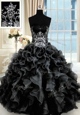 Stunning Black Lace Up Sweetheart Beading and Ruffles Ball Gown Prom Dress Organza Sleeveless