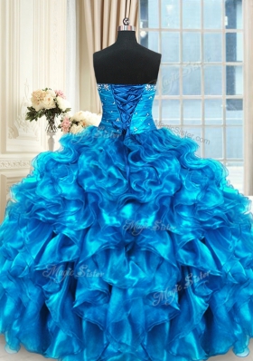 Stunning Four Piece Three Pieces Quinceanera Dress Blue Sweetheart Organza Sleeveless Floor Length Lace Up