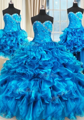 Stunning Four Piece Three Pieces Quinceanera Dress Blue Sweetheart Organza Sleeveless Floor Length Lace Up