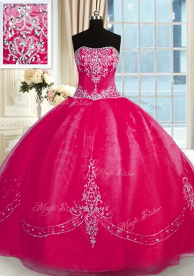 Suitable Coral Red Strapless Neckline Beading and Embroidery Vestidos de Quinceanera Sleeveless Lace Up