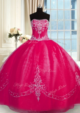 Suitable Coral Red Strapless Neckline Beading and Embroidery Vestidos de Quinceanera Sleeveless Lace Up