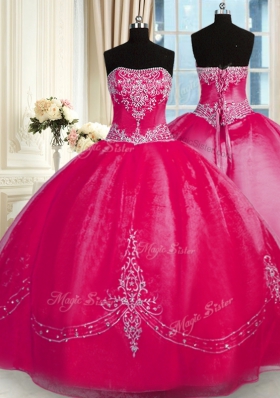 Suitable Coral Red Strapless Neckline Beading and Embroidery Vestidos de Quinceanera Sleeveless Lace Up