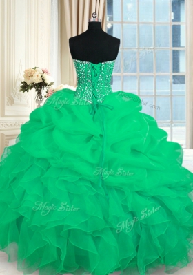 Suitable Organza Sweetheart Sleeveless Lace Up Beading and Ruffles Vestidos de Quinceanera in Turquoise