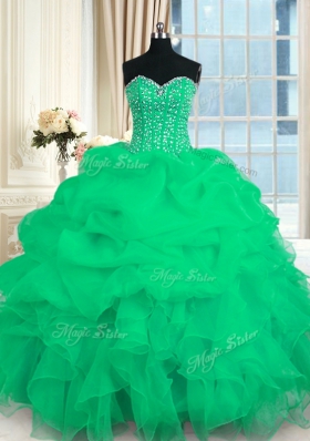 Suitable Organza Sweetheart Sleeveless Lace Up Beading and Ruffles Vestidos de Quinceanera in Turquoise