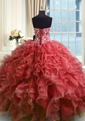 Suitable Wine Red Lace Up Sweetheart Beading and Ruffles Vestidos de Quinceanera Organza Sleeveless