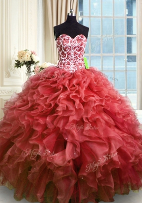 Suitable Wine Red Lace Up Sweetheart Beading and Ruffles Vestidos de Quinceanera Organza Sleeveless