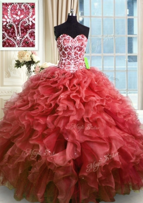 Suitable Wine Red Lace Up Sweetheart Beading and Ruffles Vestidos de Quinceanera Organza Sleeveless