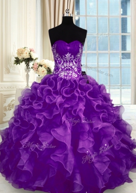 Sweetheart Sleeveless Organza Sweet 16 Dress Beading and Appliques and Ruffles Lace Up