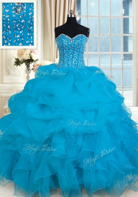 Unique Baby Blue Ball Gowns Organza Sweetheart Sleeveless Beading and Ruffles Floor Length Lace Up Quinceanera Gowns