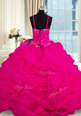 With Train Fuchsia Vestidos de Quinceanera Spaghetti Straps Sleeveless Brush Train Lace Up