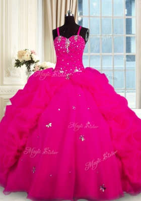 With Train Fuchsia Vestidos de Quinceanera Spaghetti Straps Sleeveless Brush Train Lace Up