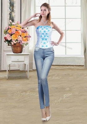 Wonderful Four Piece Light Blue Strapless Neckline Beading and Appliques and Ruffles Quince Ball Gowns Sleeveless Lace Up