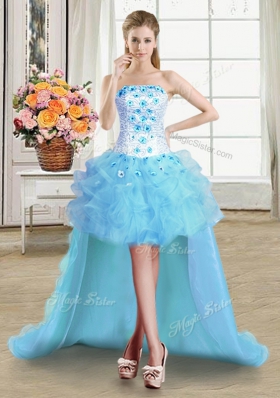 Wonderful Four Piece Light Blue Strapless Neckline Beading and Appliques and Ruffles Quince Ball Gowns Sleeveless Lace Up