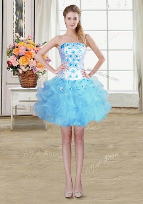 Wonderful Four Piece Light Blue Strapless Neckline Beading and Appliques and Ruffles Quince Ball Gowns Sleeveless Lace Up