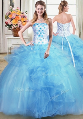 Wonderful Four Piece Light Blue Strapless Neckline Beading and Appliques and Ruffles Quince Ball Gowns Sleeveless Lace Up