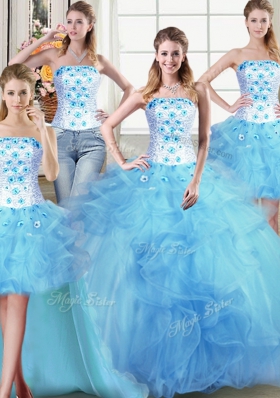 Wonderful Four Piece Light Blue Strapless Neckline Beading and Appliques and Ruffles Quince Ball Gowns Sleeveless Lace Up