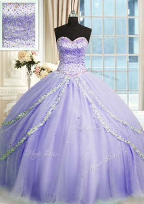 Amazing With Train Lavender Quince Ball Gowns Tulle Court Train Sleeveless Beading and Appliques