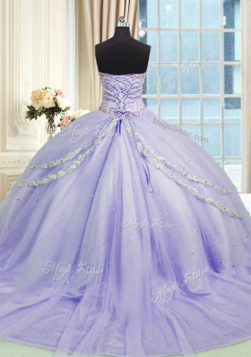 Amazing With Train Lavender Quince Ball Gowns Tulle Court Train Sleeveless Beading and Appliques