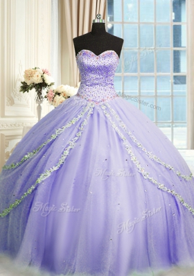 Amazing With Train Lavender Quince Ball Gowns Tulle Court Train Sleeveless Beading and Appliques