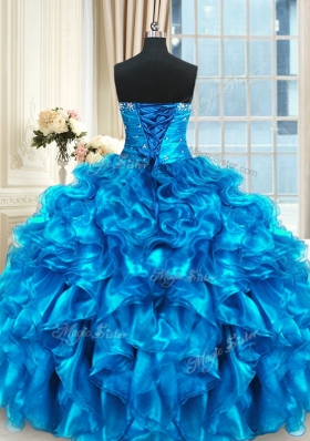 Baby Blue Sweetheart Neckline Beading and Ruffles Quinceanera Gown Sleeveless Lace Up