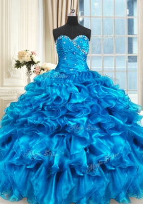 Baby Blue Sweetheart Neckline Beading and Ruffles Quinceanera Gown Sleeveless Lace Up