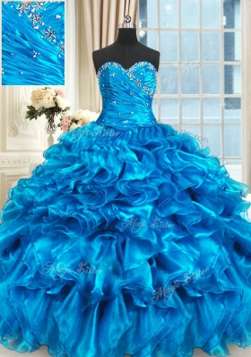 Baby Blue Sweetheart Neckline Beading and Ruffles Quinceanera Gown Sleeveless Lace Up