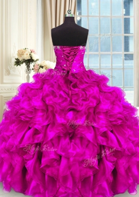 Beading and Ruffles 15th Birthday Dress Fuchsia Lace Up Sleeveless High Low