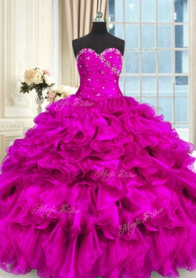 Beading and Ruffles 15th Birthday Dress Fuchsia Lace Up Sleeveless High Low