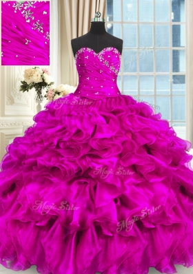 Beading and Ruffles 15th Birthday Dress Fuchsia Lace Up Sleeveless High Low