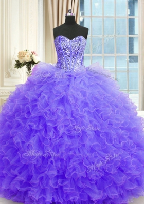 Beading and Ruffles Ball Gown Prom Dress Lavender Lace Up Sleeveless Floor Length